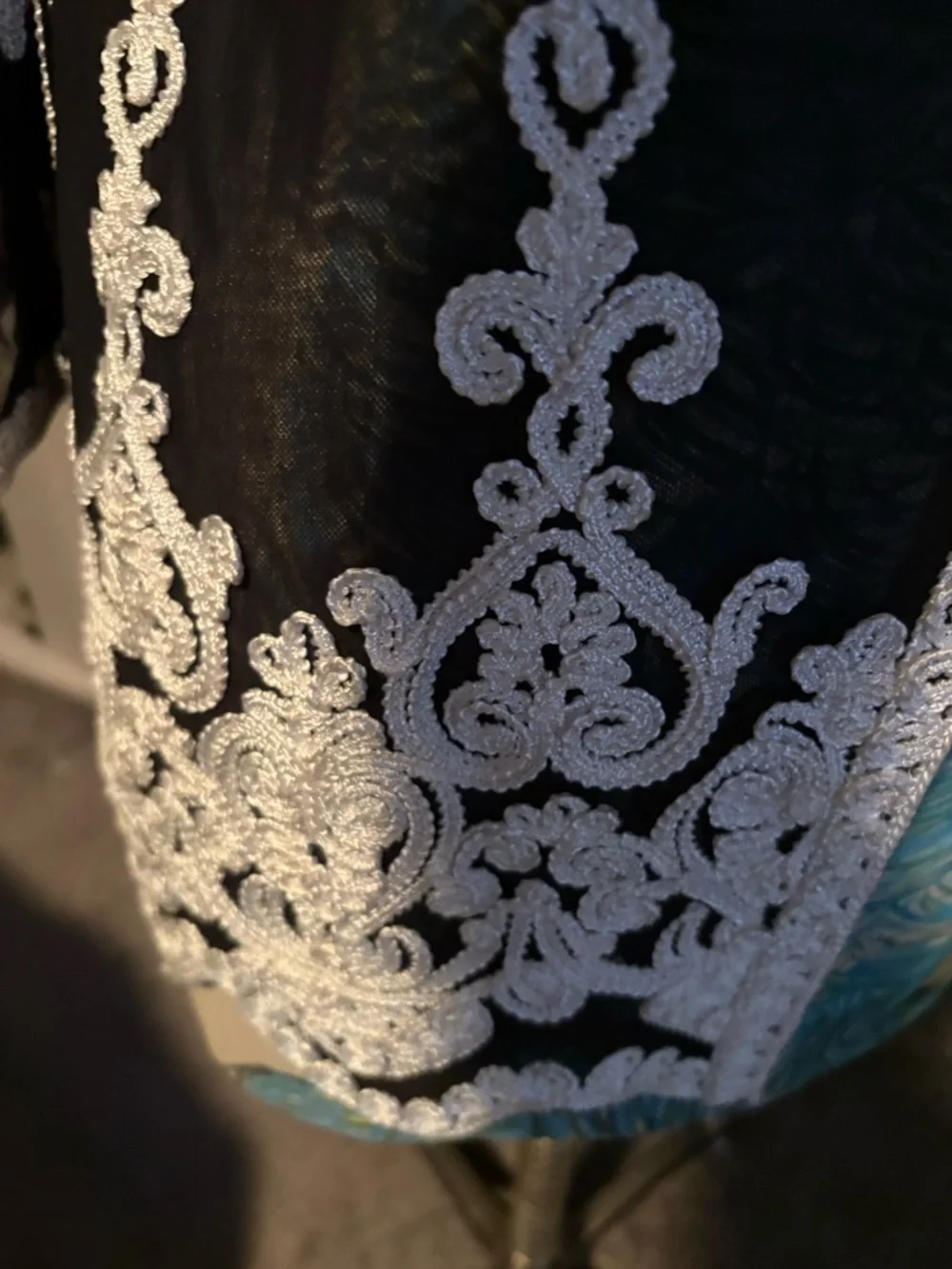 Sheer Black Embroidered open cardigan with White ribbon Lace Detail - Picture 12 of 13
